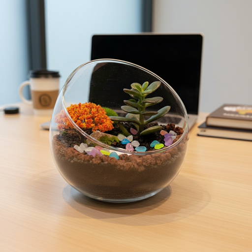 Glass terrarium with plants on a desk