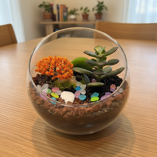 Glass terrarium with plants on a wooden table