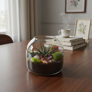 Glass terrarium with plants on a wooden table, books, and a cup in the background.
