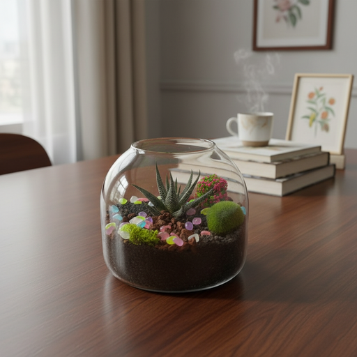 Glass terrarium with plants on a wooden table, books, and a cup in the background.