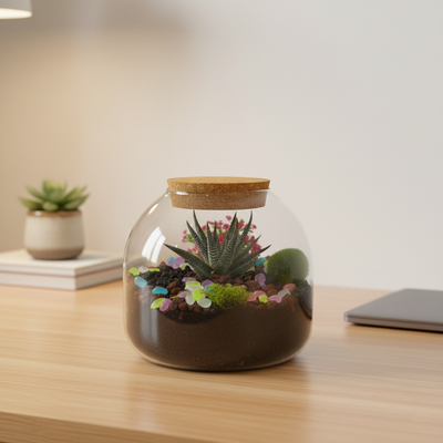 Glass terrarium with plants on a wooden surface