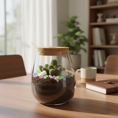 Glass terrarium with succulents on a wooden table in a cozy room.