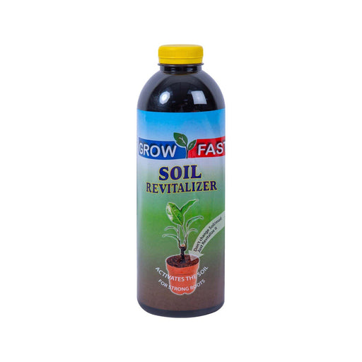 Bottle of Grow Fast Soil Revitalizer on a white background