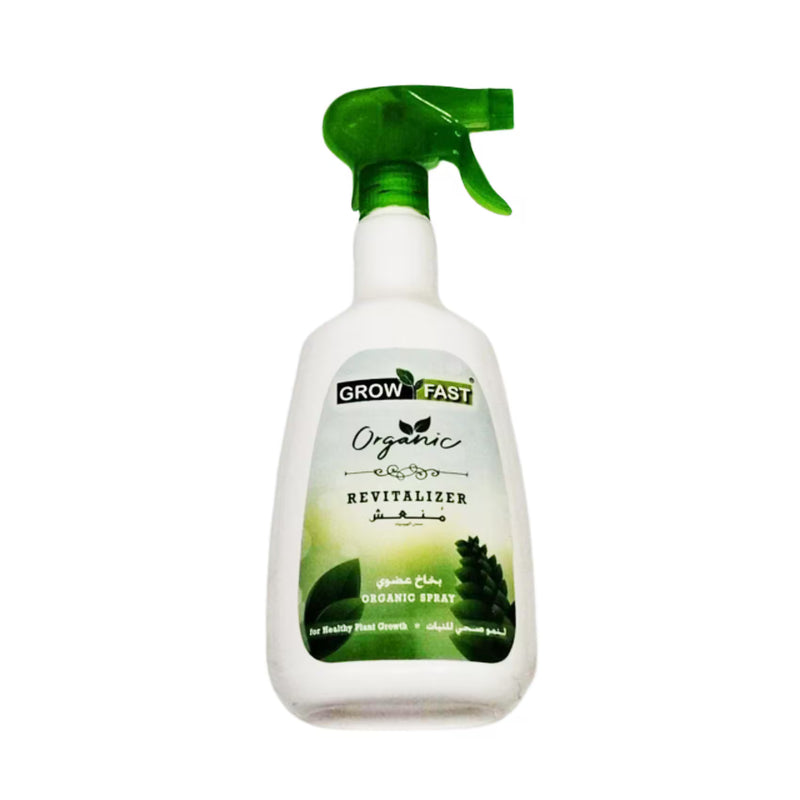 Spray bottle labeled 'Grow Fast Organic Revitalizer' on a white background