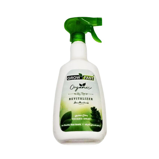 Spray bottle labeled 'Grow Fast Organic Revitalizer' on a white background