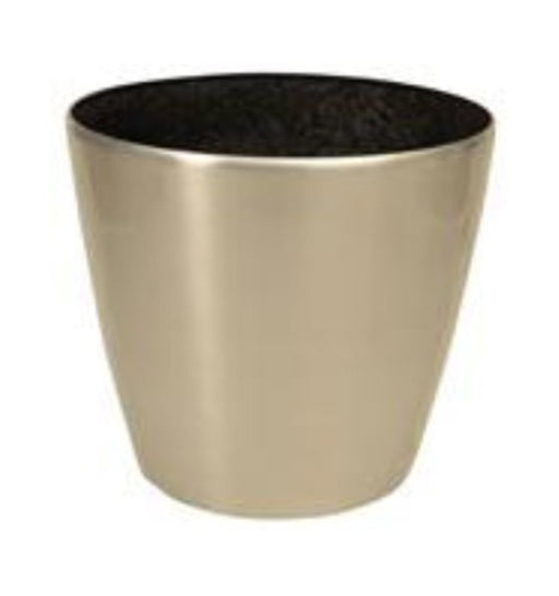 Gold metal cup with black interior on a white background