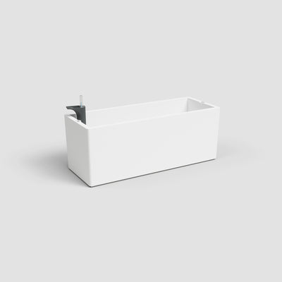 White rectangular planter with a black handle on a light gray background