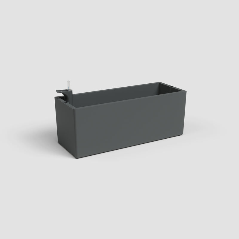 Rectangular gray planter box on a light gray background