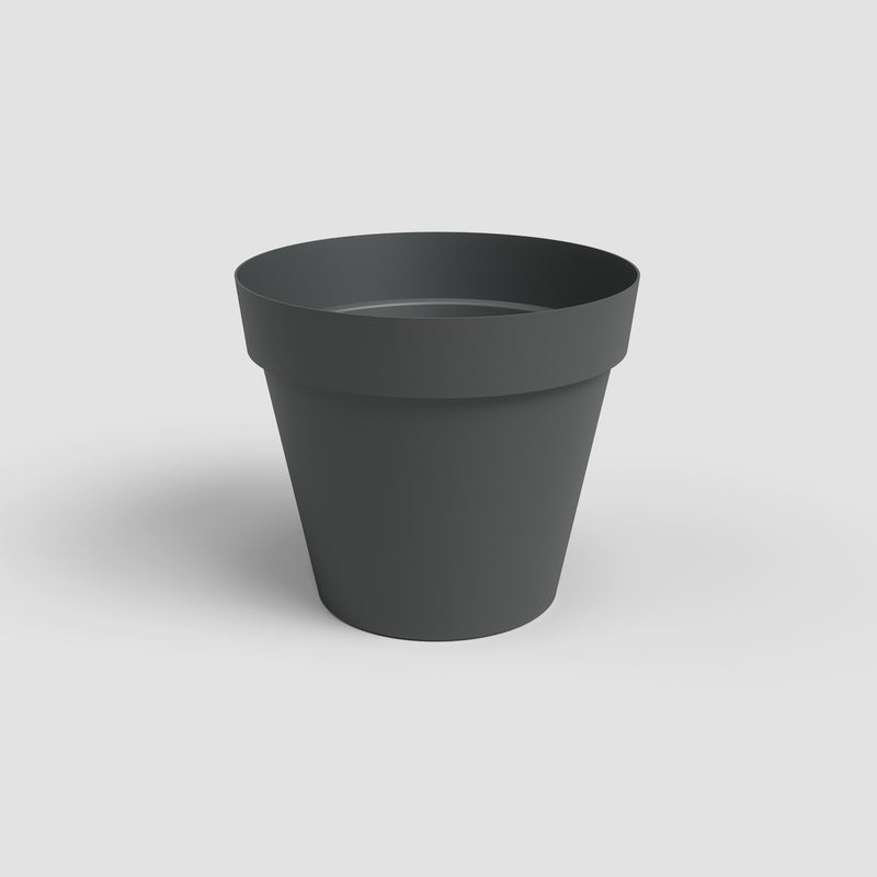 Dark gray flower pot on a light gray background