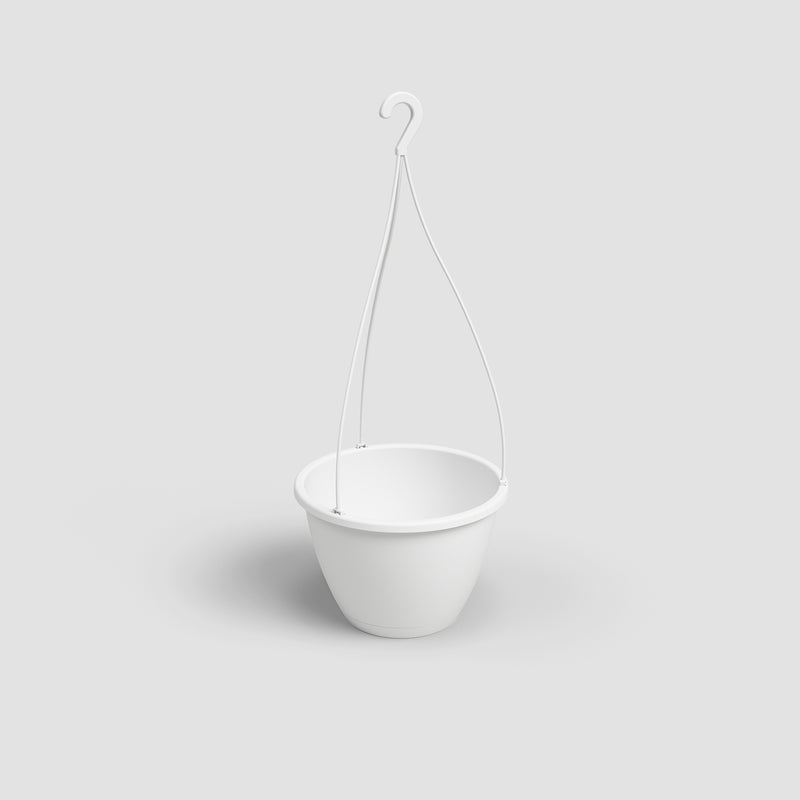 White hanging planter on a light gray background