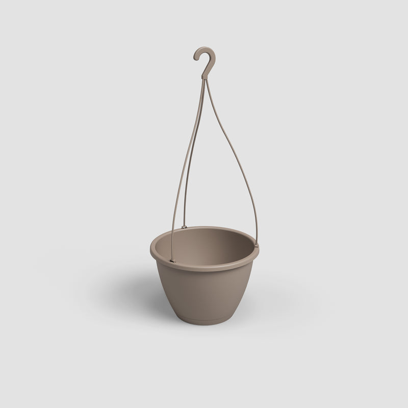 Brown hanging plant pot on a light gray background