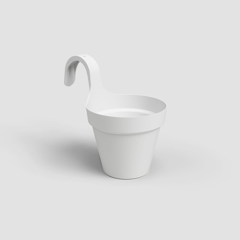 White hanging planter on a light gray background