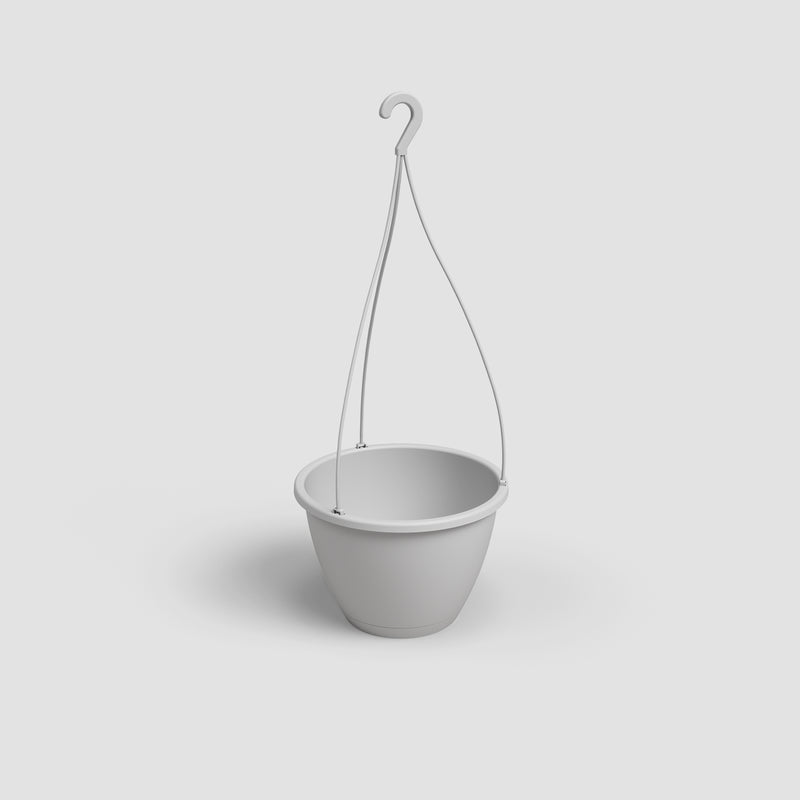 Gray hanging planter on a light gray background
