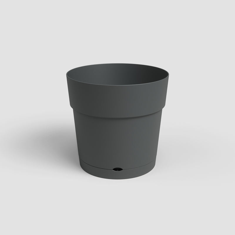 Dark gray cylindrical pot on a light gray background