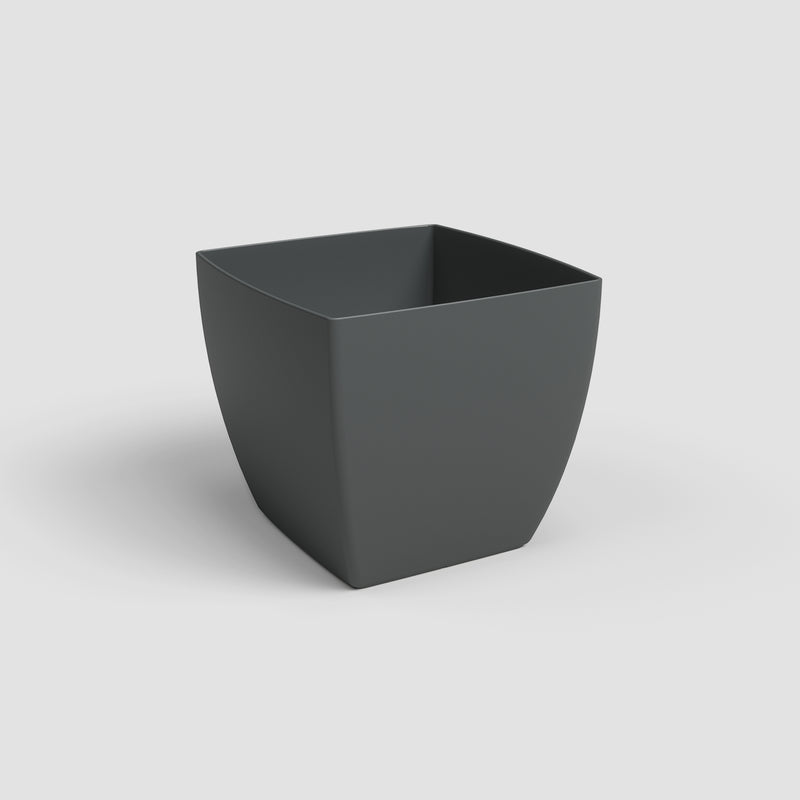 Dark gray square planter on a light gray background