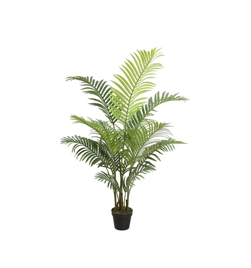 Potted artificial palm plant on a white background
