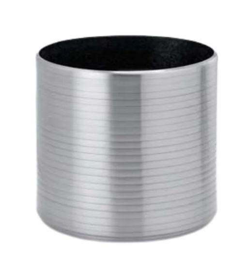 Metallic cylindrical object with ribbed texture on a white background