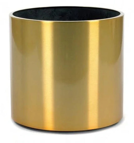Gold cylindrical container with black interior on a white background