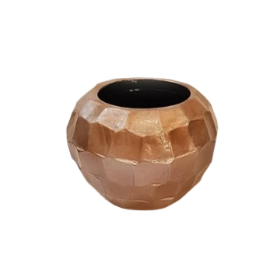 Bronze-colored decorative pot with a faceted design on a white background