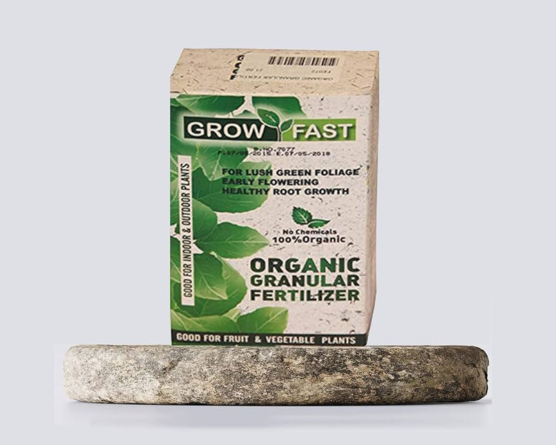Grow Fast organic granular fertilizer packaging with a stone on a light gray background