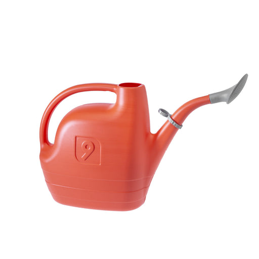 Red watering can with a silver nozzle on a white background