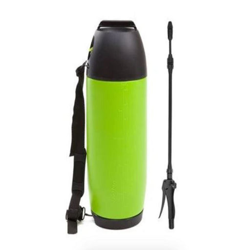 Green and black insulated bottle with a strap on a white background