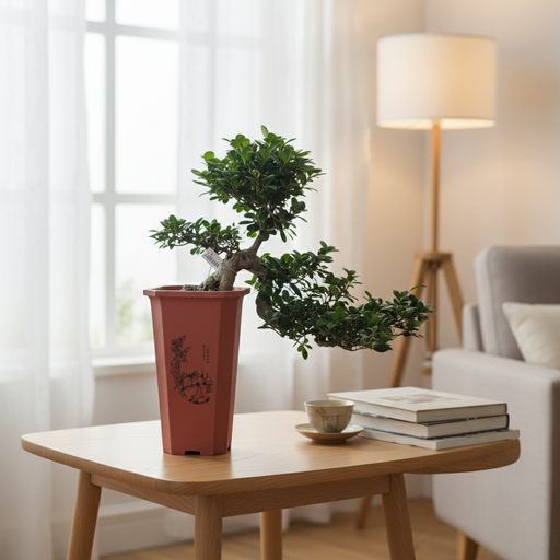 Bonsai tree in a pot on a wooden coffee table with books and a cup in a living room setting.
