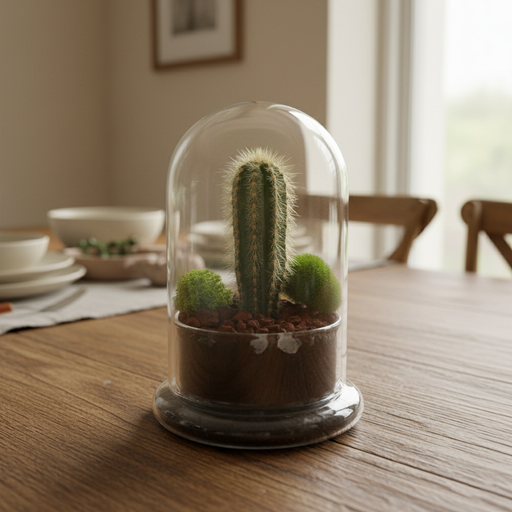 Cactus under a glass dome on a wooden table with a blurred background