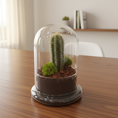 Cactus under a glass dome on a wooden table with a blurred background