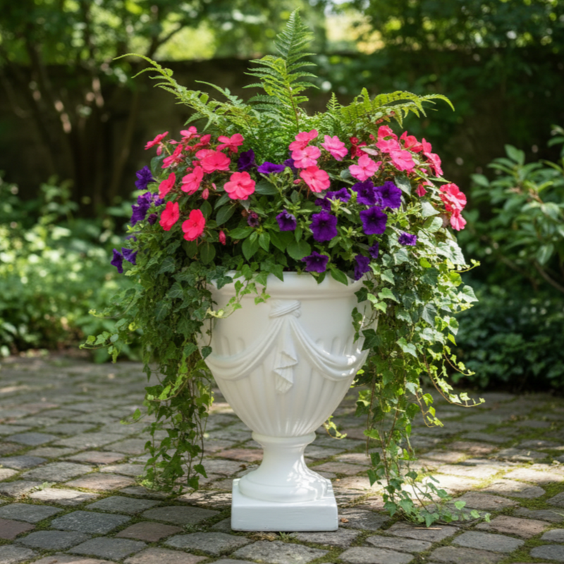 Decorative white urn planter with pink and purple flowers on a stone patio