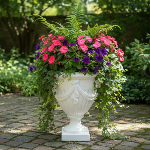 Decorative white urn planter with pink and purple flowers on a stone patio