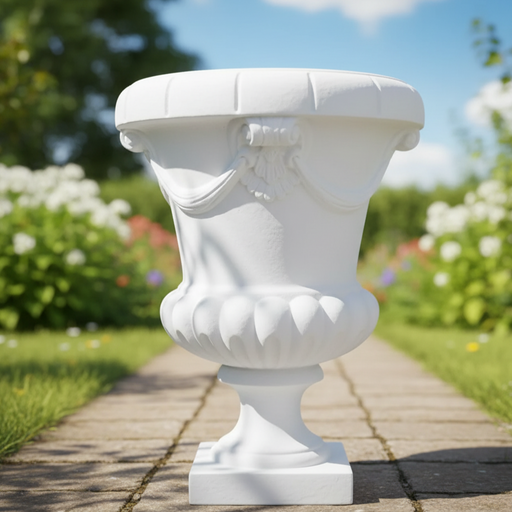 White classical urn on a garden path with flowers and trees in the background
