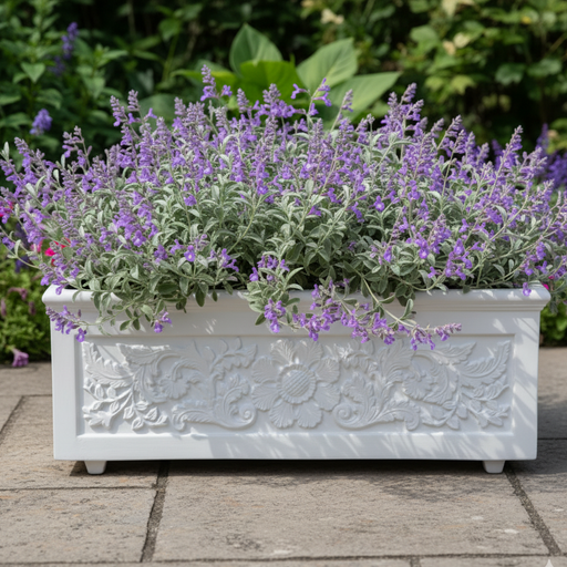 Decorative white planter with purple flowers on a stone patio