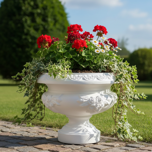 Decorative white urn with red flowers and greenery on a paved area with grass and trees in the background