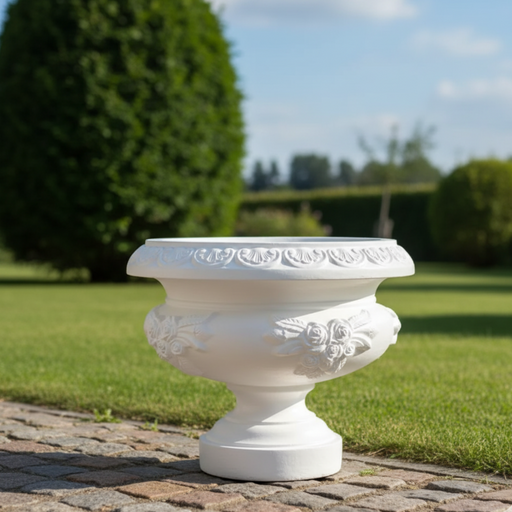 Decorative white urn on a stone path with greenery in the background