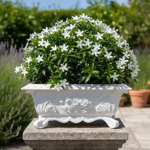 White flowering plant in a decorative white pot on a stone pedestal with a garden background.