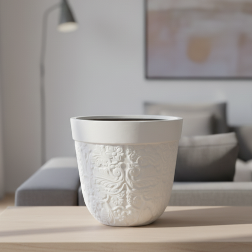 White decorative pot on a table with a blurred living room background