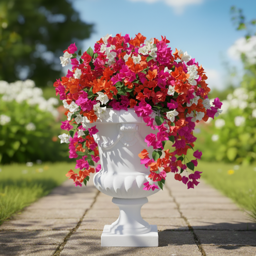 White decorative urn filled with colorful flowers on a pathway in a garden.