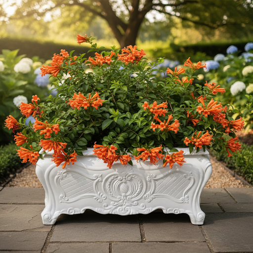 Decorative white planter with orange flowers in a garden setting