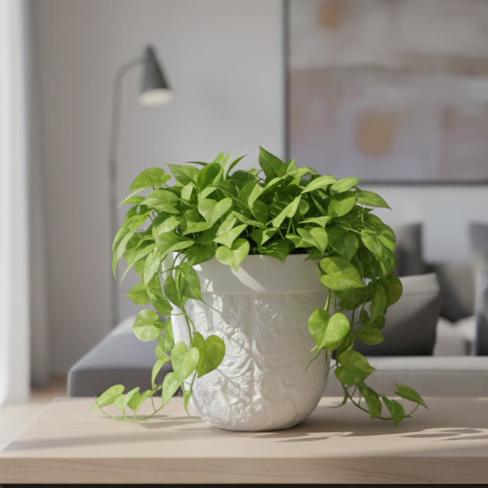 Potted plant on a table in a living room setting