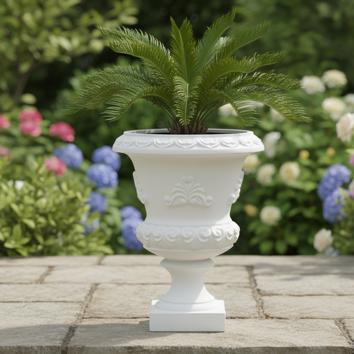 Decorative white urn with a green plant on a stone ledge with flowers in the background