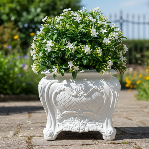 White ornate planter with a green plant and white flowers on a stone patio.