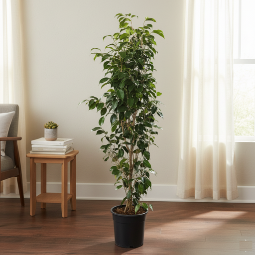 Potted plant in a room with a chair and small table