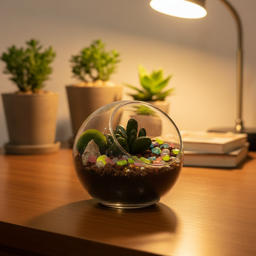 Glass terrarium with plants on a wooden surface, blurred background