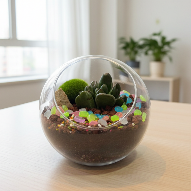 Glass terrarium with succulents and colorful stones on a wooden table.