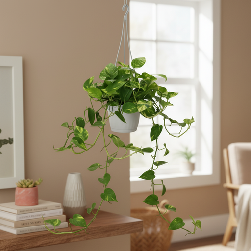 Hanging green plant in a room with a window and books on a shelf.