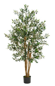 Artificial olive tree with green leaves in a pot on a white background