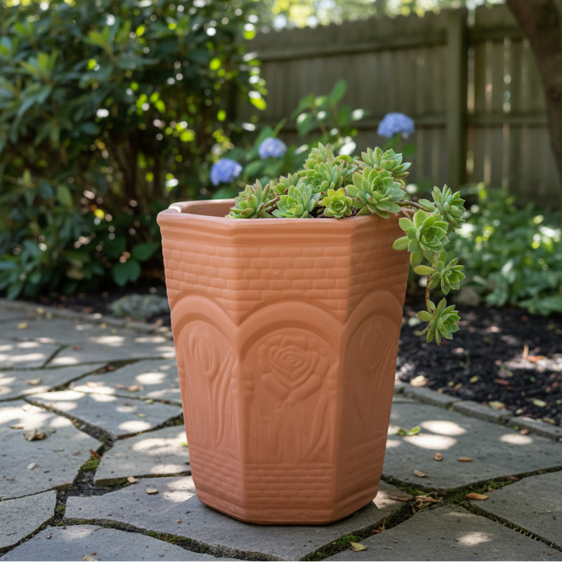 Terracotta planter with succulents on a patio