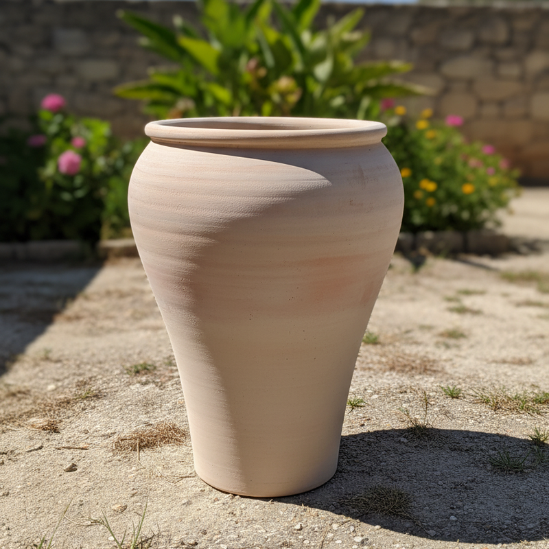 Terracotta pot on a stone surface with a garden background