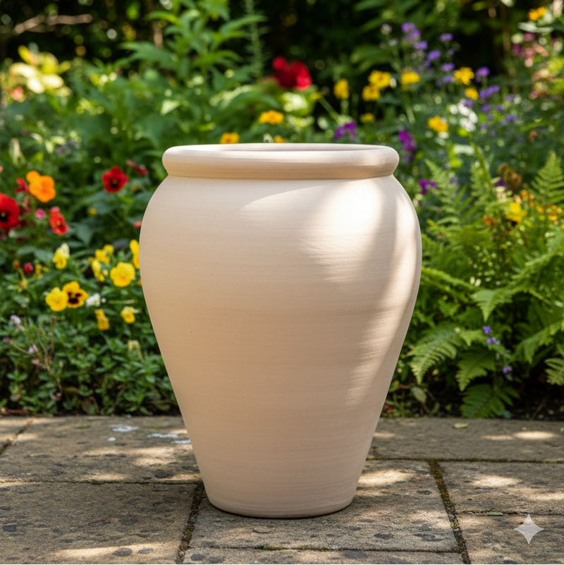 Beige ceramic urn on a stone surface with a garden background